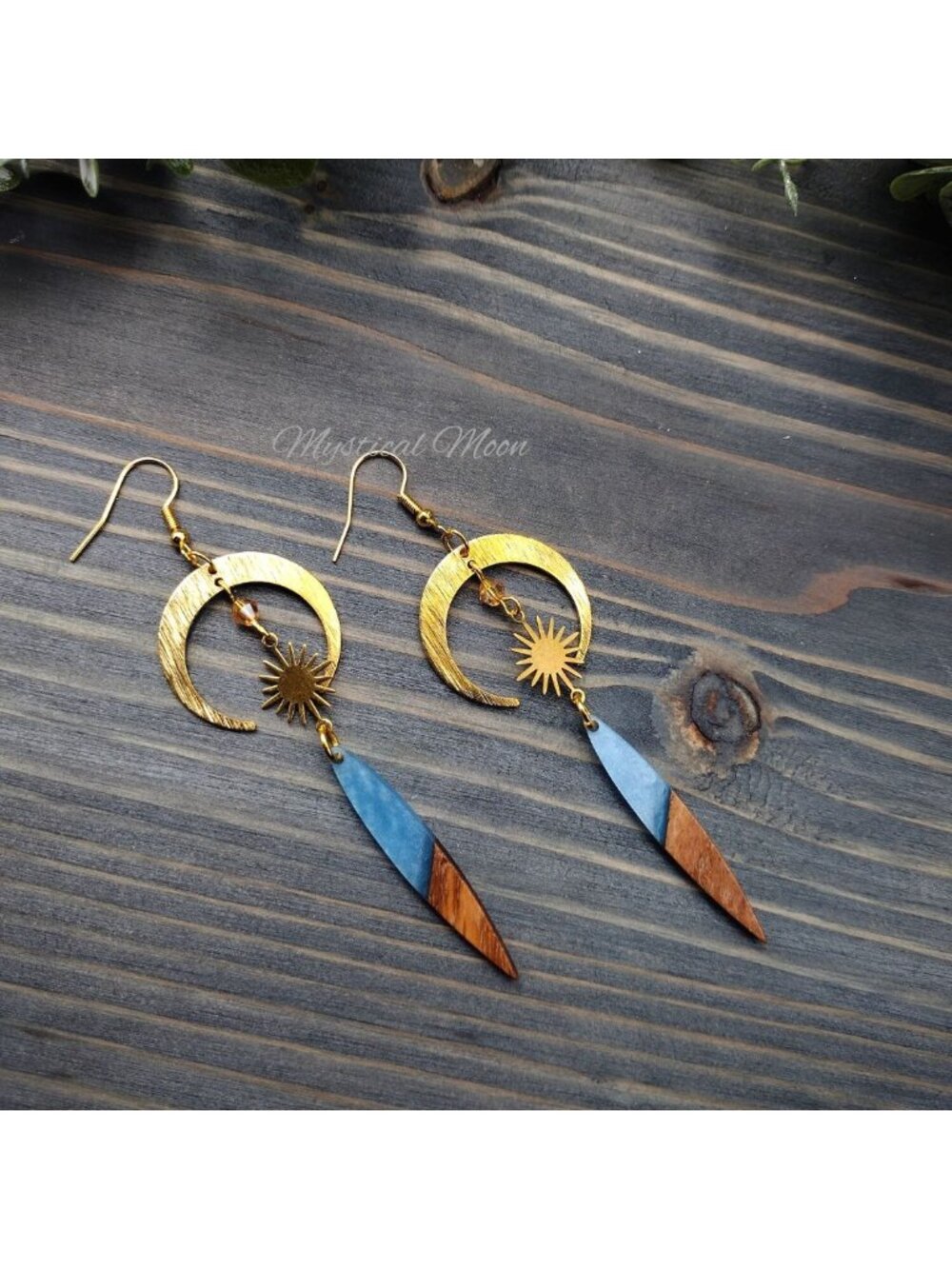 Moon Earrings with Blue and Wooden Spike Star Celestial Dangle